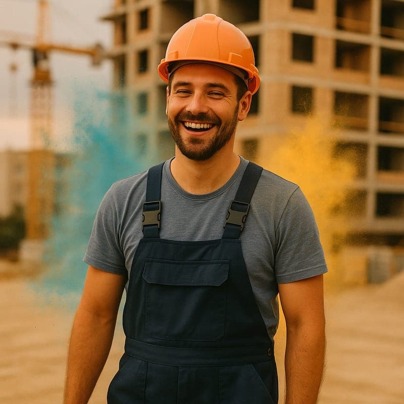 A tradesperson in a hard hat smiling on a construction site