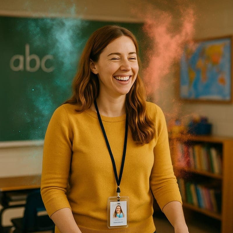 A teacher in a classroom smiling, lanyard around her neck