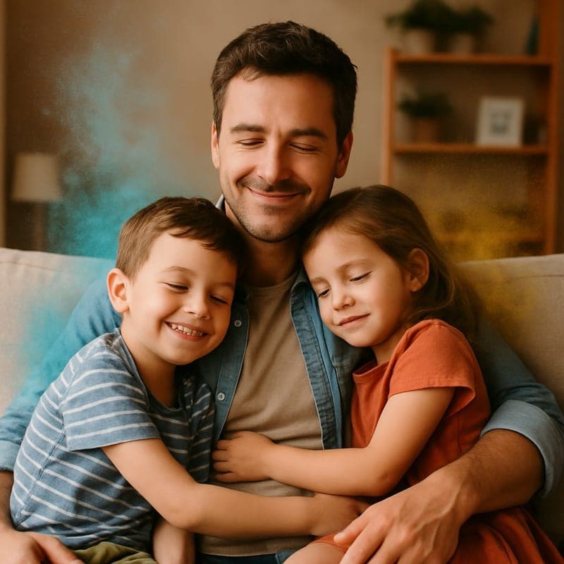 A father embracing his two young children on a sofa